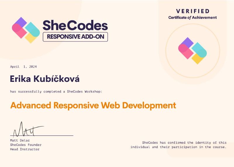 Certificate SheCodes Responsive ADD-ON | Erika Kubíčková